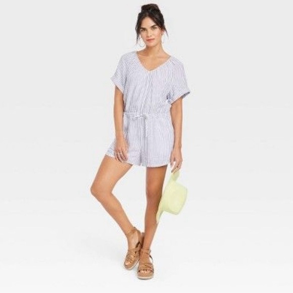 Blue and white pinstripe romper. - Picture 3 of 10